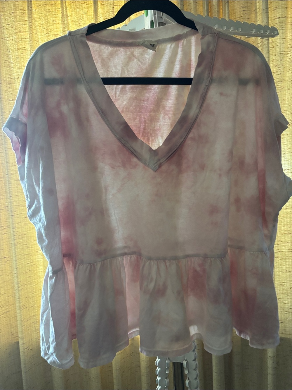 Peach Love California Pink Tie-Dye V-Neck Peplum Crop Top